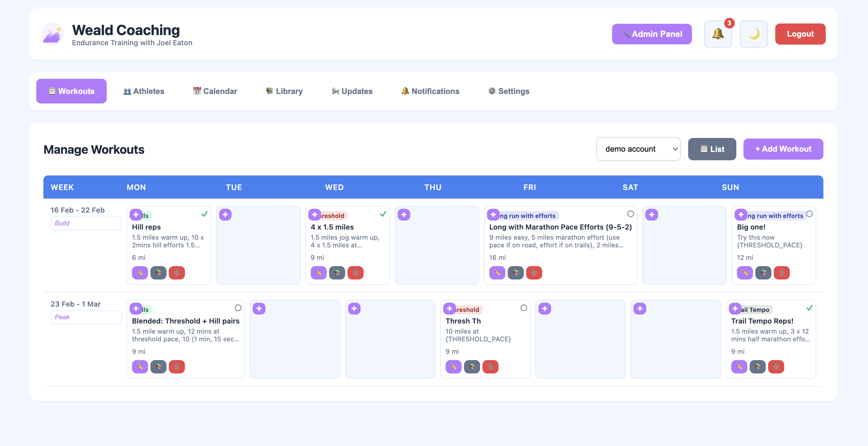 Coach view - building and editing a progam for an athlete coach view of elevate app