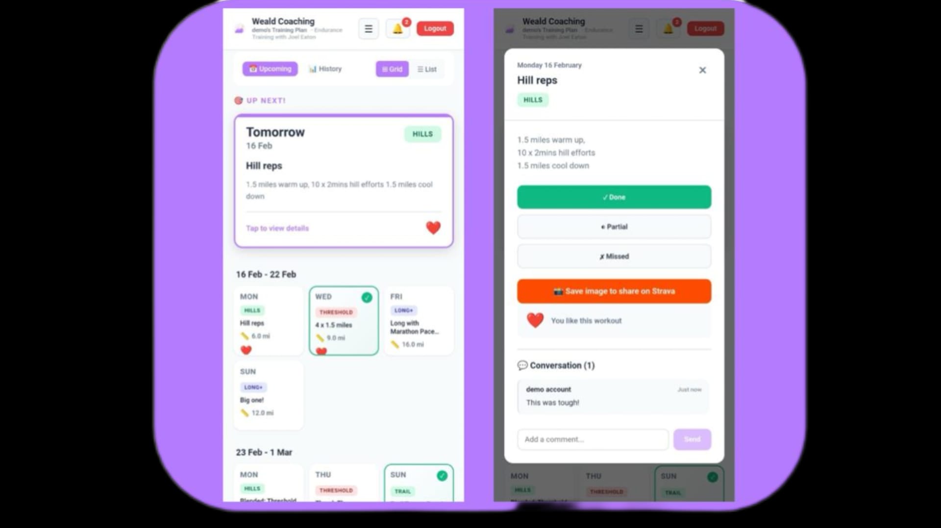 Athlete views of program and workout UI of Elevate